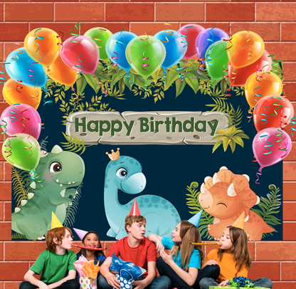 Blue Dinosaur Theme Happy Birthday Backdrop Banner