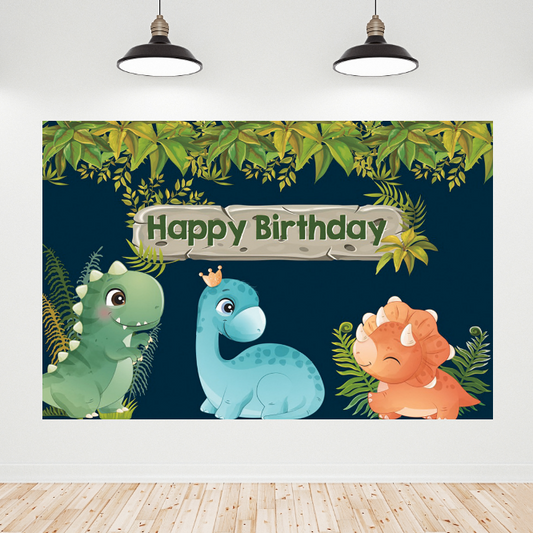 Blue Dinosaur Theme Happy Birthday Backdrop Banner