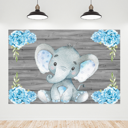 Blue Flora Wodd Elephant Baby Shower Birthday Backdrop Banner