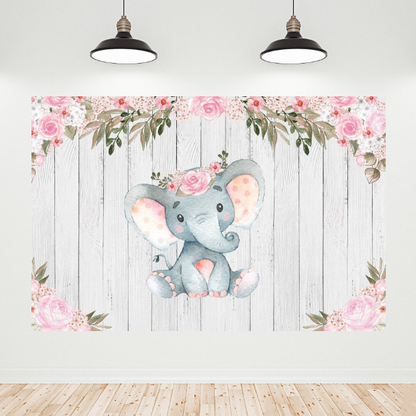 Wood Flora Elephant Baby Shower Birthday Backdrop Banner