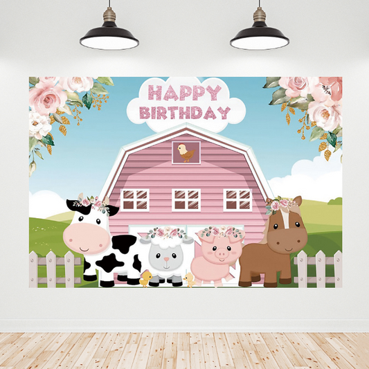 Pink Farm Theme Happy Birthday Backdrop Banner