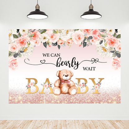 Flora Teddy Bear Glitter Baby Shower Decoration Backdrop Banner