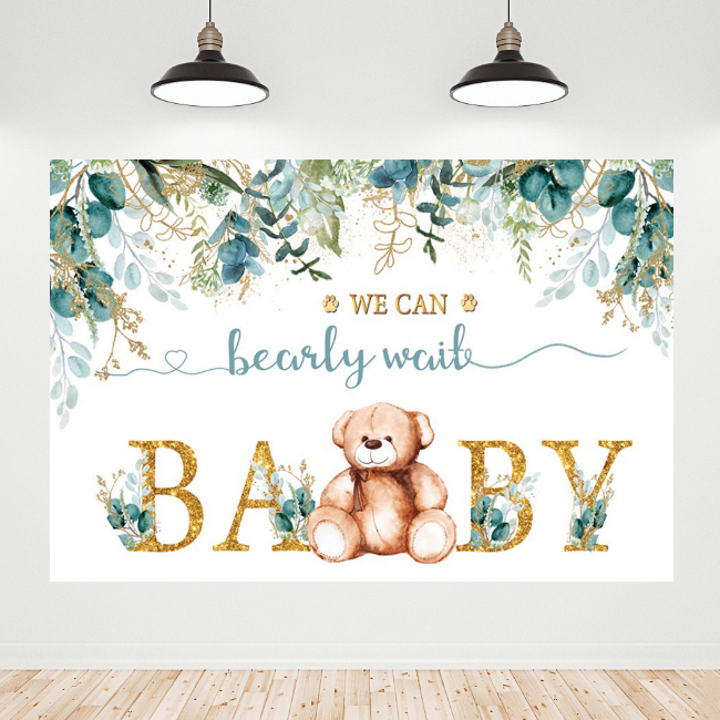 Teddy Bear Gold Baby Shower Decoration Backdrop Banner