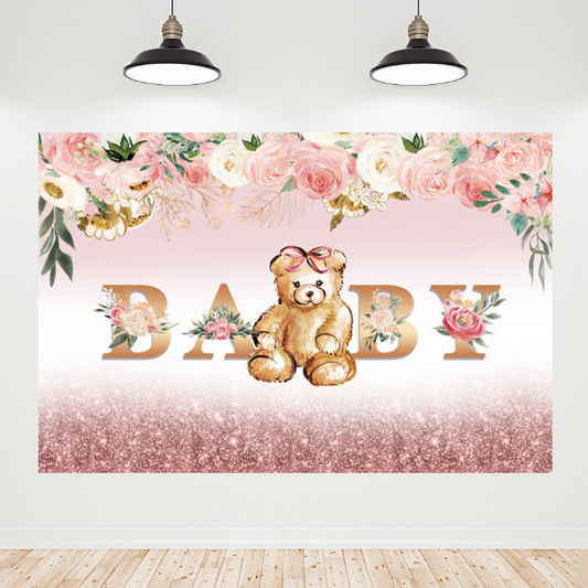 Rose Gold Flora Teddy Bear Baby Shower Backdrop Banner