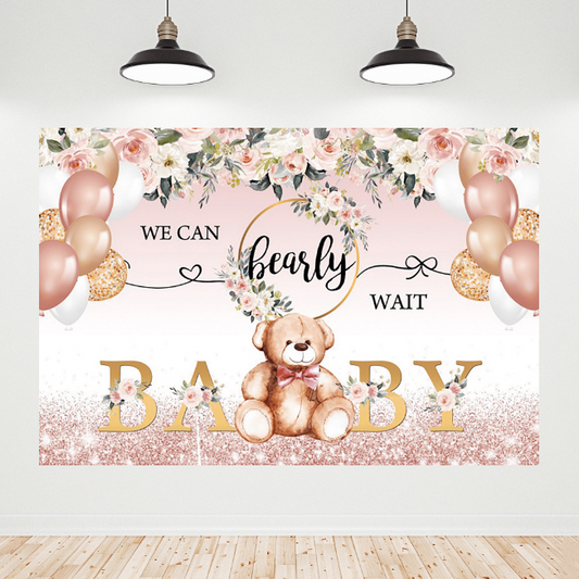 Flora Rose Gold Teddy Bear Baby Shower Backdrop Banner