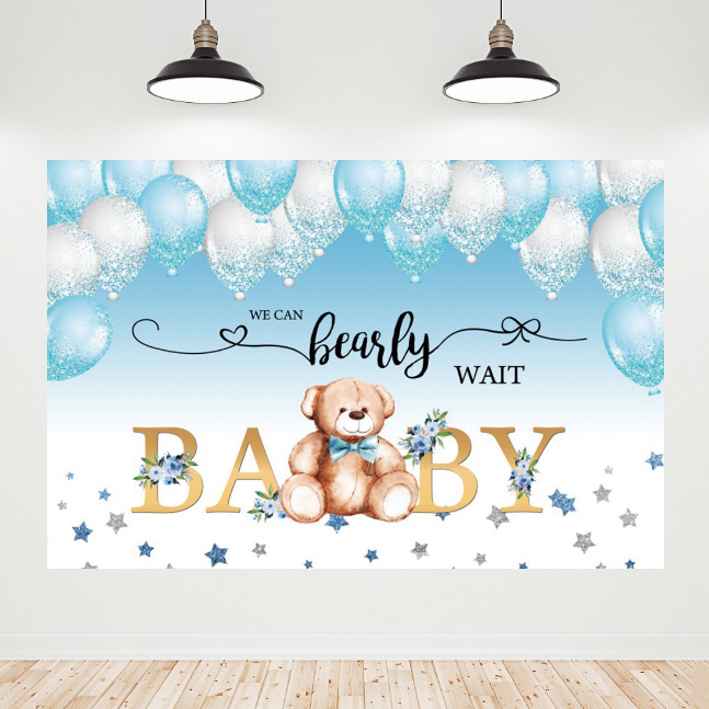 Blue Balloon Teddy Bear Baby Shower Backdrop Banner