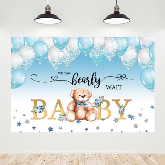 Blue Balloon Teddy Bear Baby Shower Backdrop Banner
