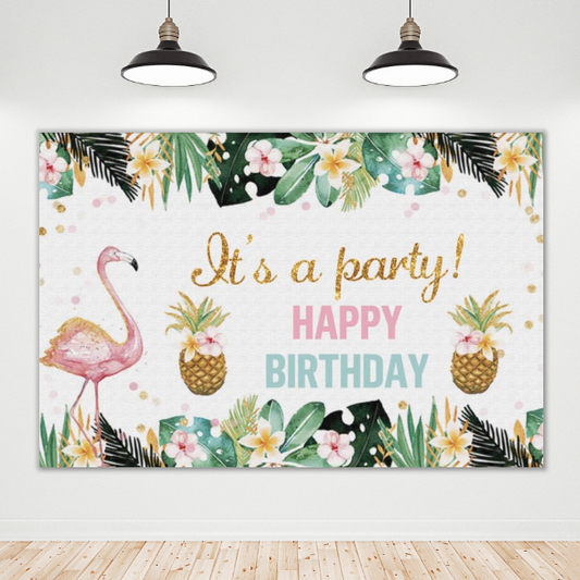 It's A Party Flamingo Happy Birthday Backdrop Banner