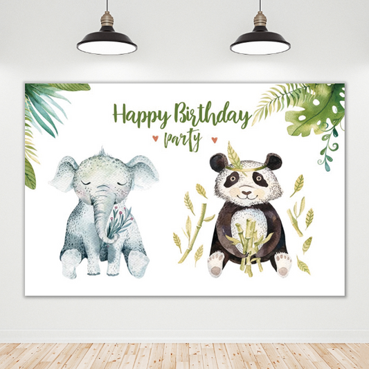 Panda Elephant Happy Birthday Backdrop Banner