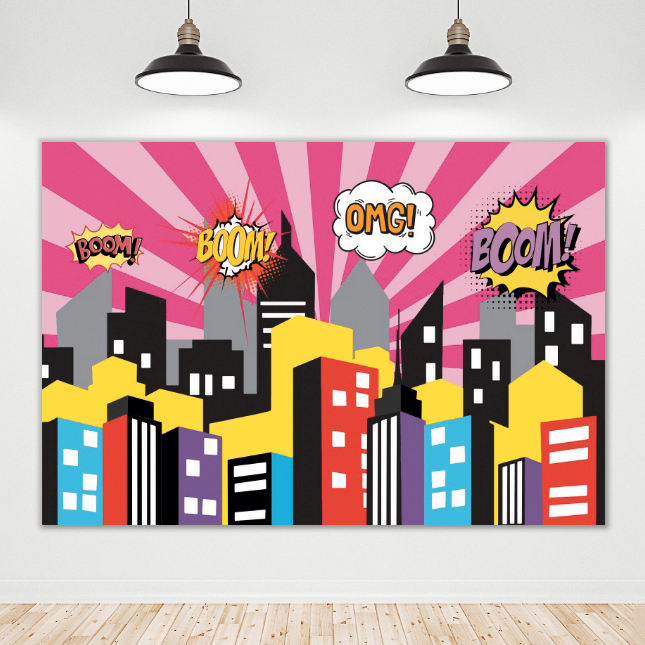 Colorful Supper Hero Happy Birthday Backdrop Banner