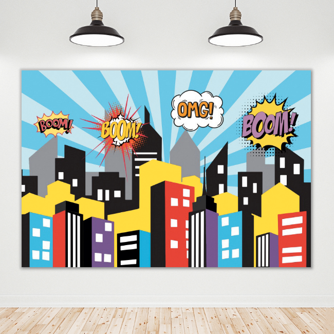 Colorful City Supper Hero Happy Birthday Backdrop Banner
