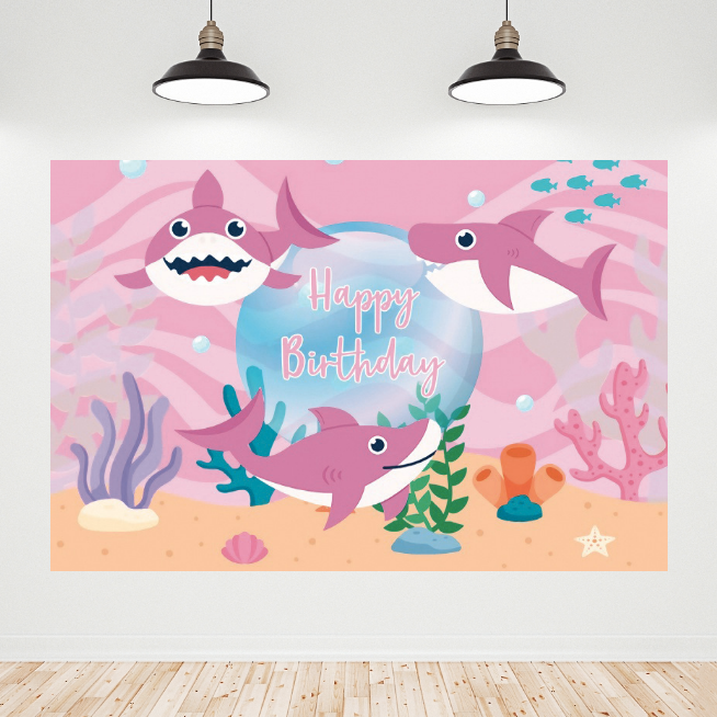 Pink Shark Birthday Party Backdrop Banner