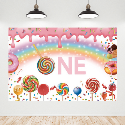 Lollipop Donut One Birthday Decoration Backdrop Banner