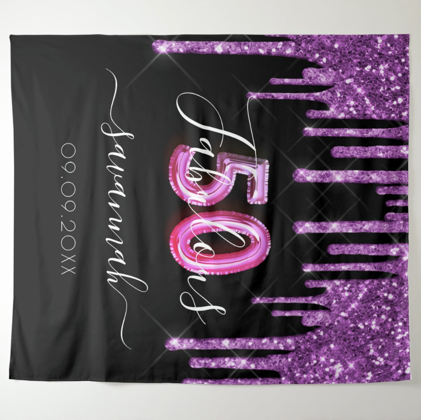 50th Black Purple Glitter Adult Birthday Party Decoration Fabric Backdrop