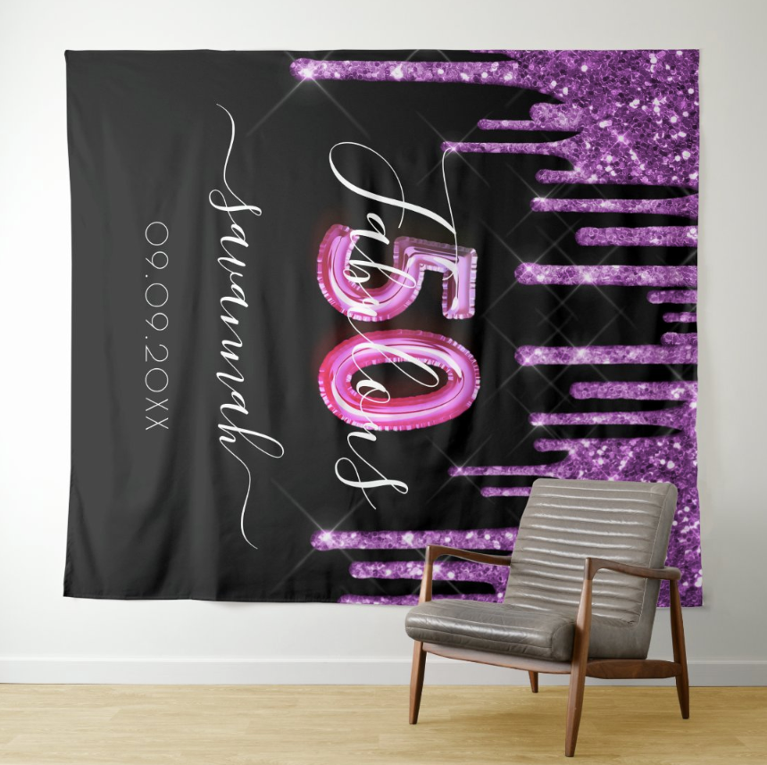50th Black Purple Glitter Adult Birthday Party Decoration Fabric Backdrop