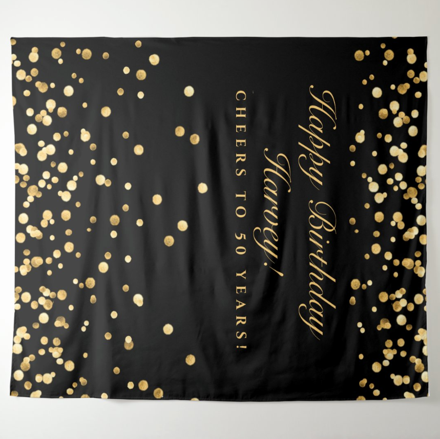 Black Gold Glitter Adult Birthday Party Decoration Fabric Backdrop