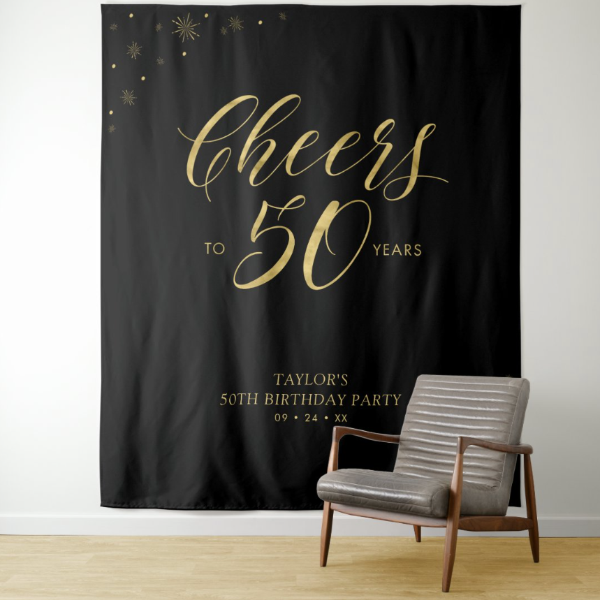 50th Black Adult Birthday Party Decoration Fabric Backdrop