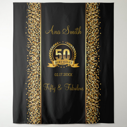 Gold Glitter 50th Adult Birthday Party Decoration Fabric Backdrop