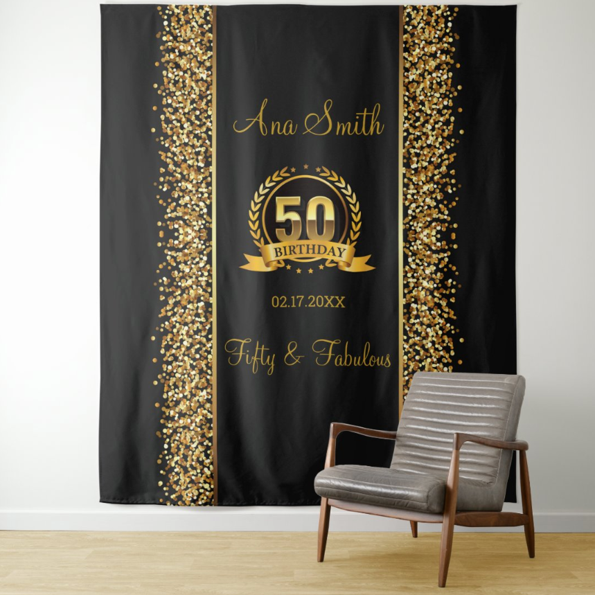 Gold Glitter 50th Adult Birthday Party Decoration Fabric Backdrop