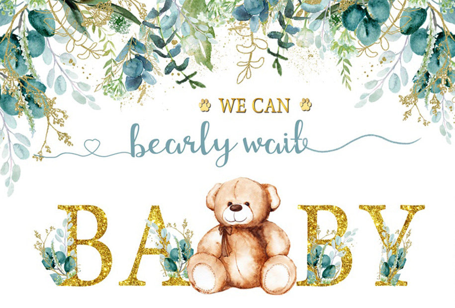 Teddy Bear Gold Baby Shower Decoration Backdrop Banner