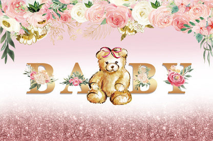 Rose Gold Flora Teddy Bear Baby Shower Backdrop Banner